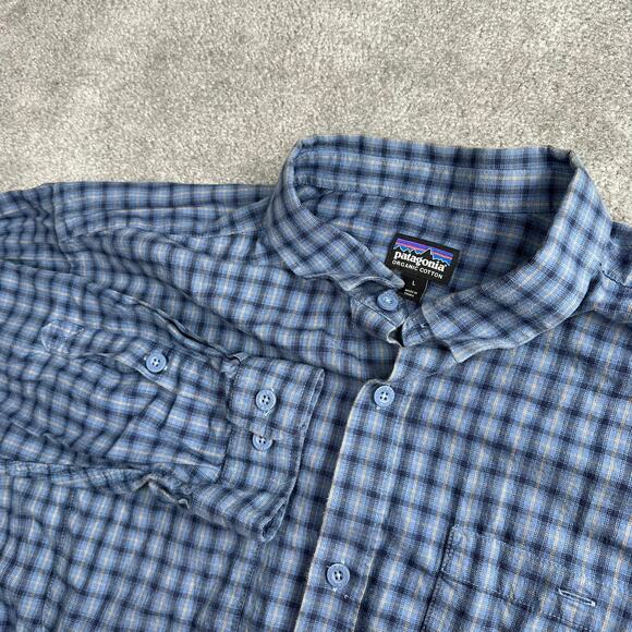Patagonia Organic Cotton Blue Checkered Long Sleeve Shirt Size Large Button Down - Picture 2 of 7